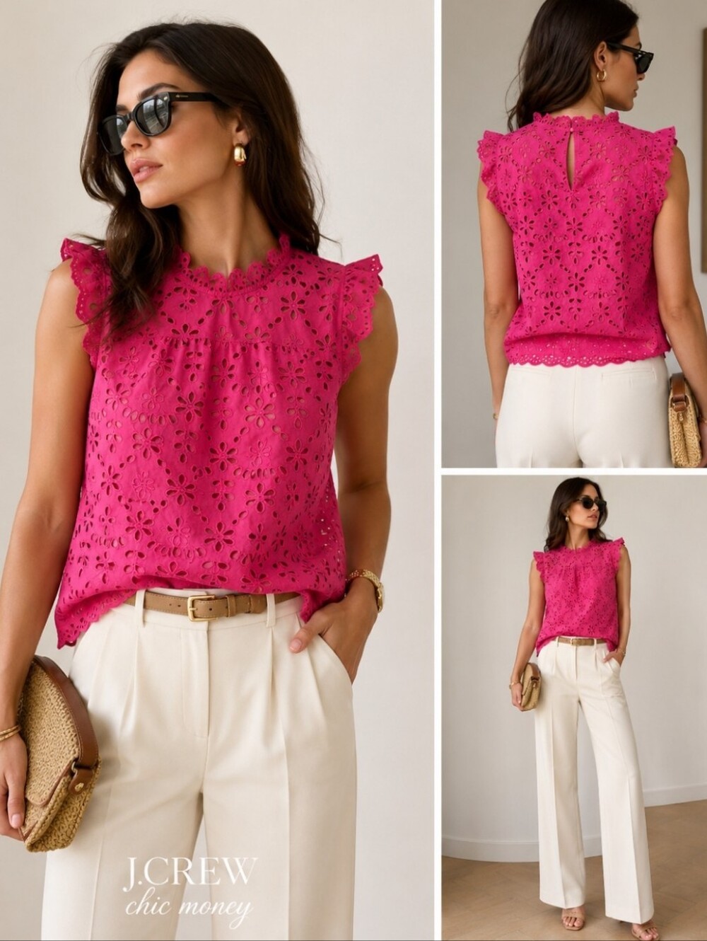 J.Crew XS Hot Pink Eyelet Lace Ruffle Blouse Coastal Chic Resort Statement Top